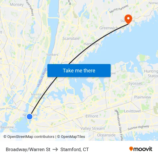 Broadway/Warren St to Stamford, CT map