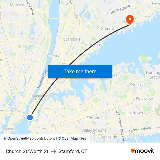 Church St/Worth St to Stamford, CT map