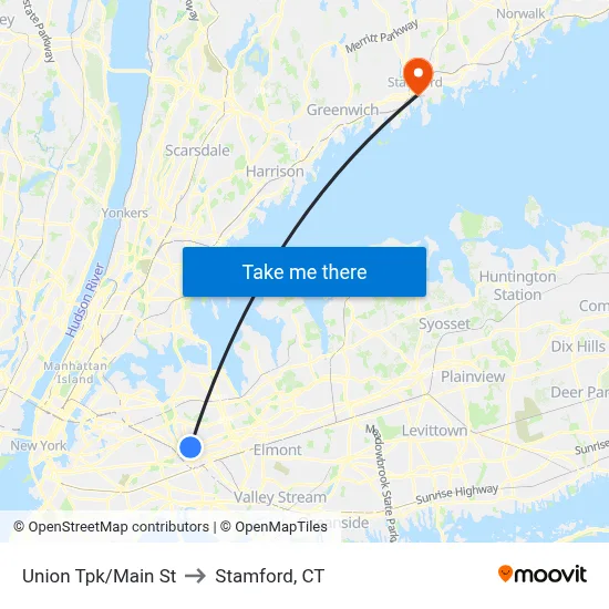 Union Tpk/Main St to Stamford, CT map