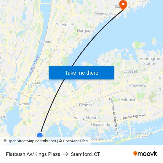 Flatbush Av/Kings Plaza to Stamford, CT map