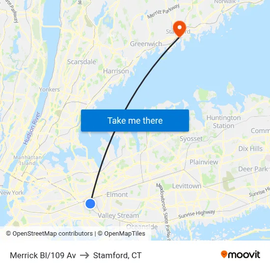 Merrick Bl/109 Av to Stamford, CT map