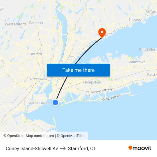 Coney Island-Stillwell Av to Stamford, CT map