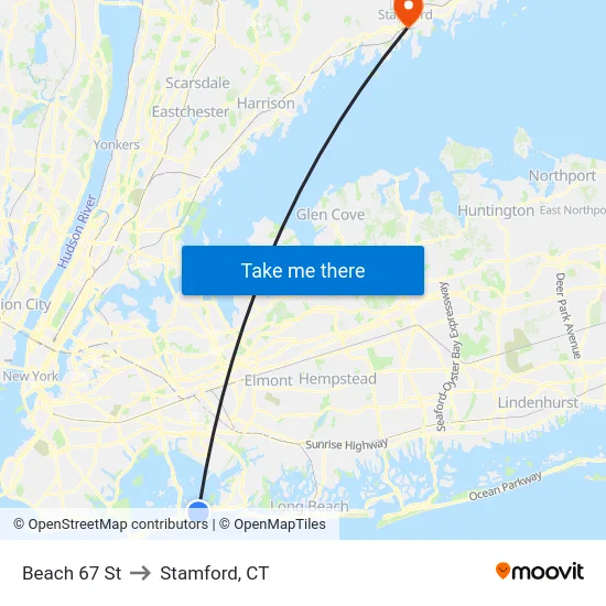 Beach 67 St to Stamford, CT map