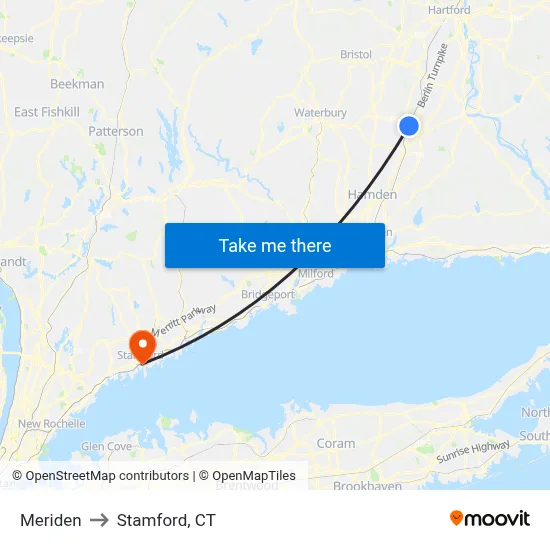 Meriden to Stamford, CT map