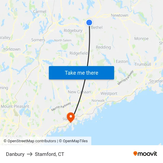 Danbury to Stamford, CT map
