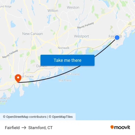 Fairfield to Stamford, CT map