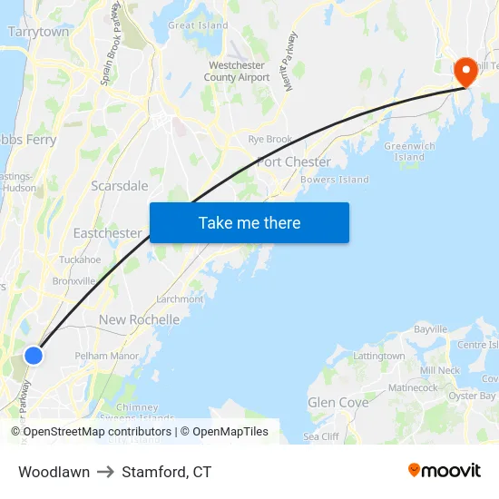Woodlawn to Stamford, CT map
