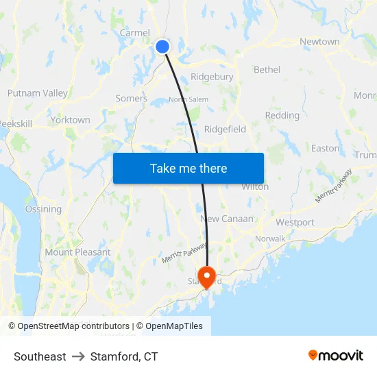 Southeast to Stamford, CT map