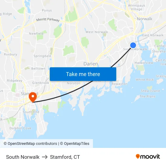 South Norwalk to Stamford, CT map