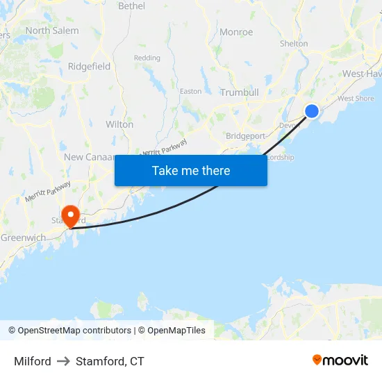 Milford to Stamford, CT map