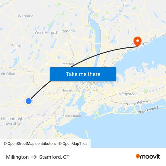 Millington to Stamford, CT map