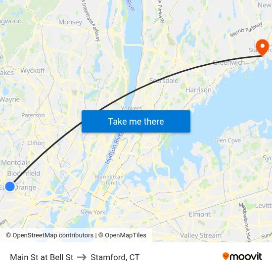 Main St at Bell St to Stamford, CT map