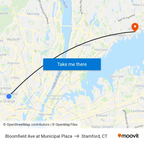 Bloomfield Ave at Municipal Plaza to Stamford, CT map