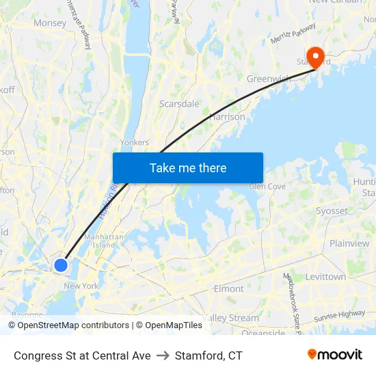 Congress St at Central Ave to Stamford, CT map