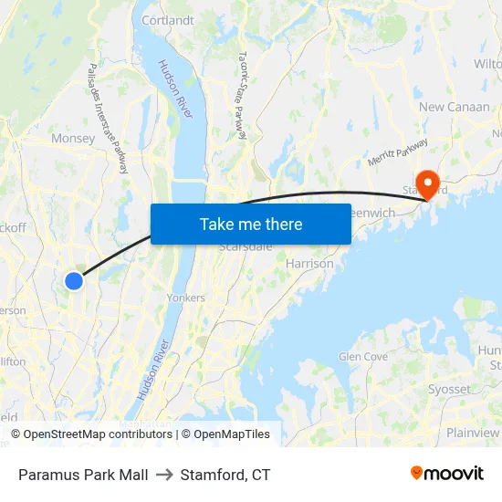 Paramus Park Mall to Stamford, CT map