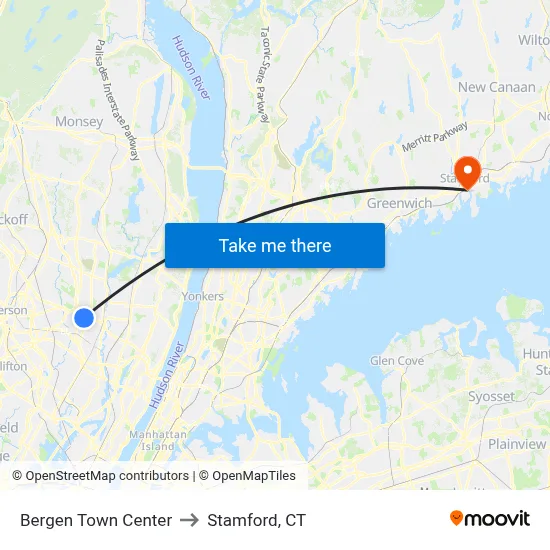 Bergen Town Center to Stamford, CT map