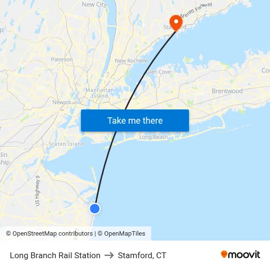 Long Branch Rail Station to Stamford, CT map