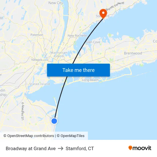 Broadway at Grand Ave to Stamford, CT map