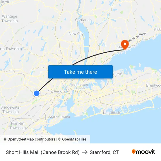 Short Hills Mall (Canoe Brook Rd) to Stamford, CT map