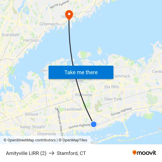 Amityville LIRR (2) to Stamford, CT map