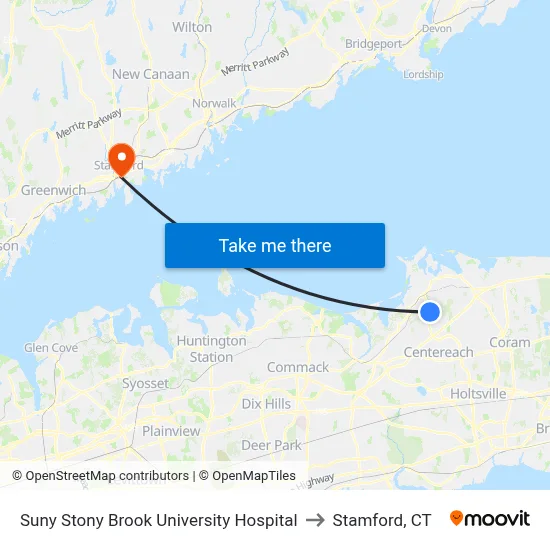 Suny Stony Brook University Hospital to Stamford, CT map