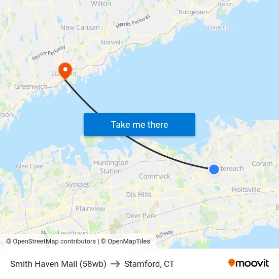 Smith Haven Mall (58wb) to Stamford, CT map
