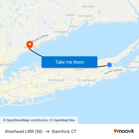 Riverhead LIRR (58) to Stamford, CT map
