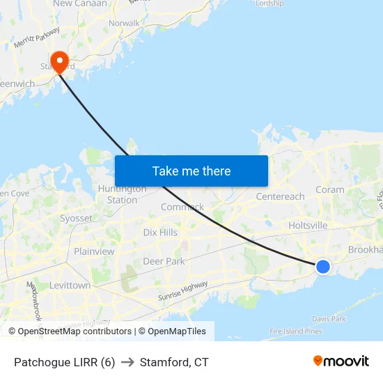 Patchogue LIRR (6) to Stamford, CT map