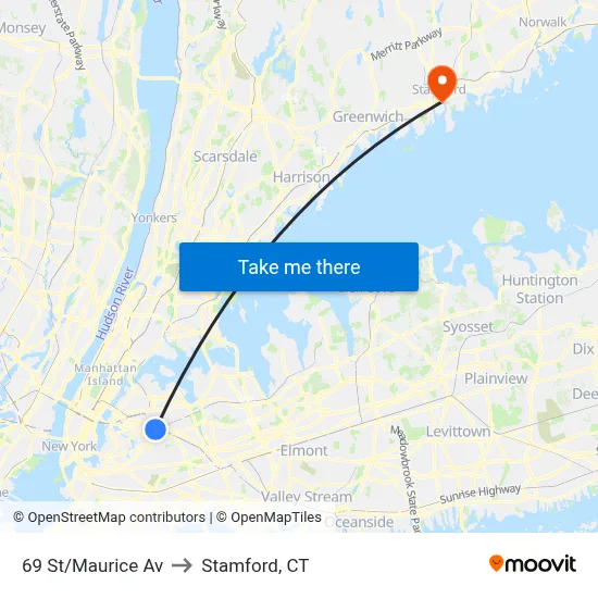 69 St/Maurice Av to Stamford, CT map
