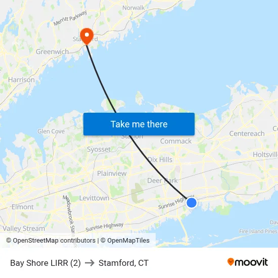 Bay Shore LIRR (2) to Stamford, CT map