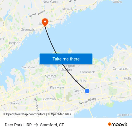 Deer Park LIRR to Stamford, CT map