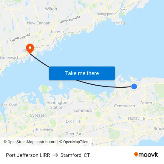 Port Jefferson LIRR to Stamford, CT map