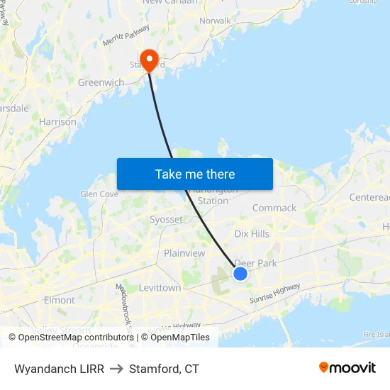 Wyandanch LIRR to Stamford, CT map