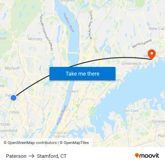 Paterson to Stamford, CT map