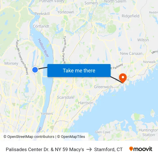 Palisades Center Dr. & NY 59 Macy's to Stamford, CT map