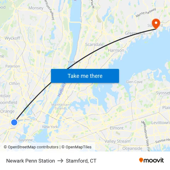 Newark Penn Station to Stamford, CT map