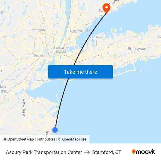 Asbury Park Transportation Center to Stamford, CT map