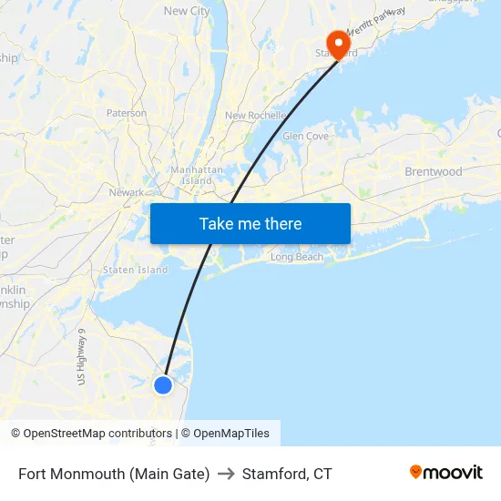 Fort Monmouth (Main Gate) to Stamford, CT map