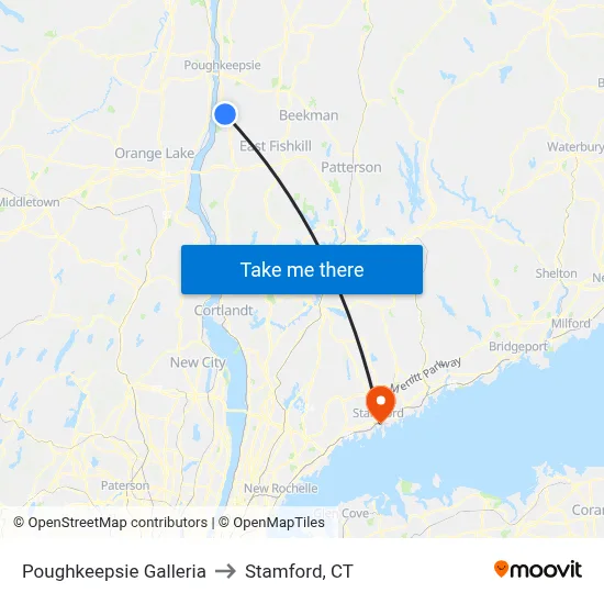 Poughkeepsie Galleria to Stamford, CT map