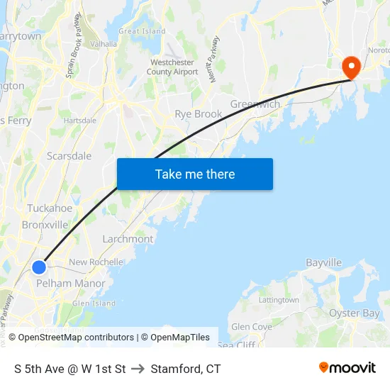S 5th Ave @ W 1st St to Stamford, CT map