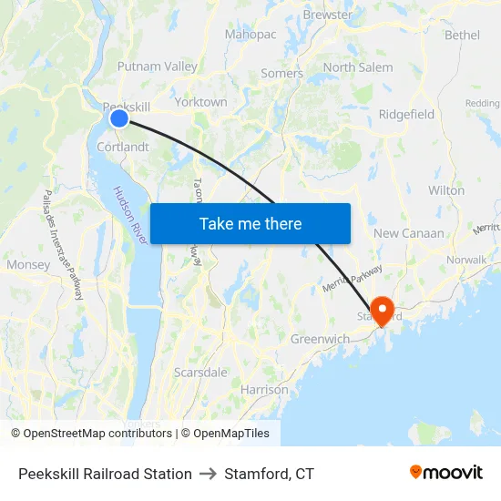Peekskill Railroad Station to Stamford, CT map