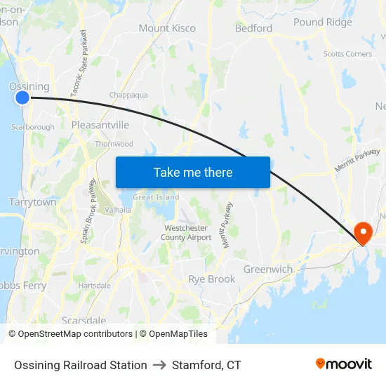 Ossining Railroad Station to Stamford, CT map