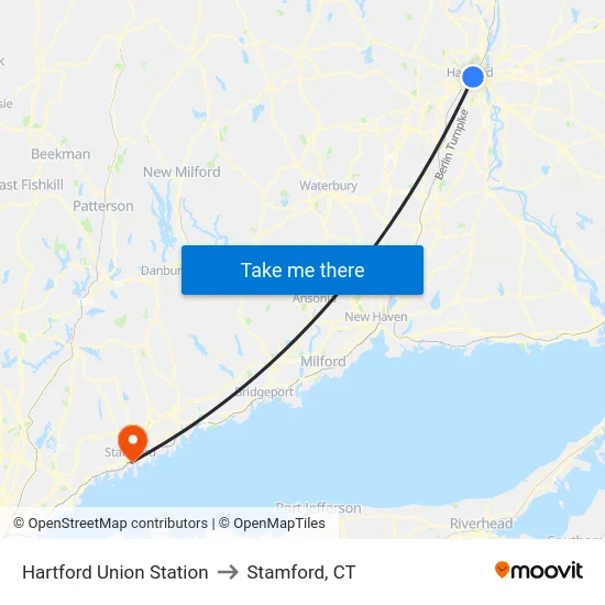 Hartford Union Station to Stamford, CT map