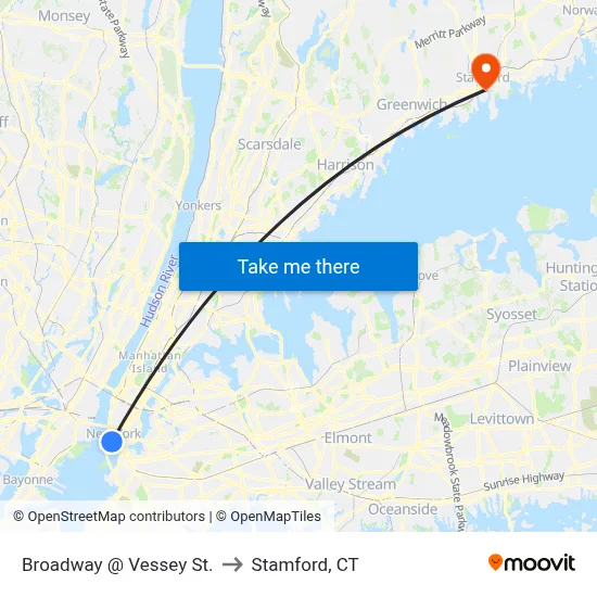 Broadway @ Vessey St. to Stamford, CT map