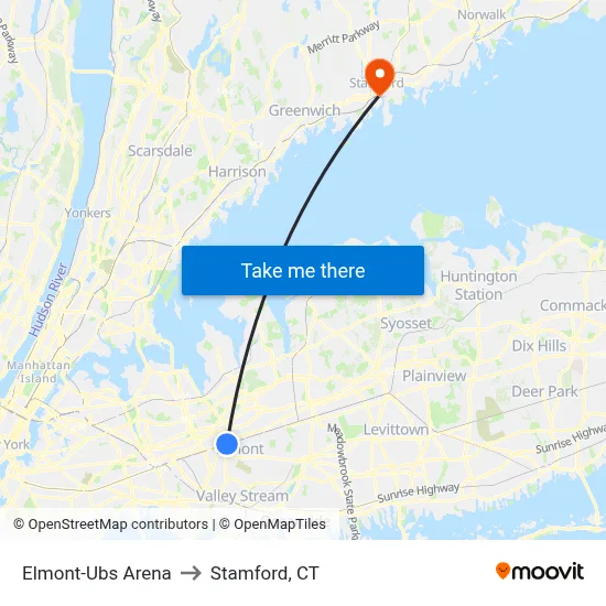 Elmont-Ubs Arena to Stamford, CT map