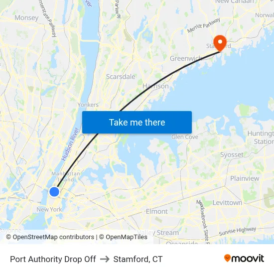 Port Authority Drop Off to Stamford, CT map