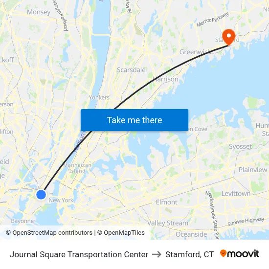 Journal Square Transportation Center to Stamford, CT map