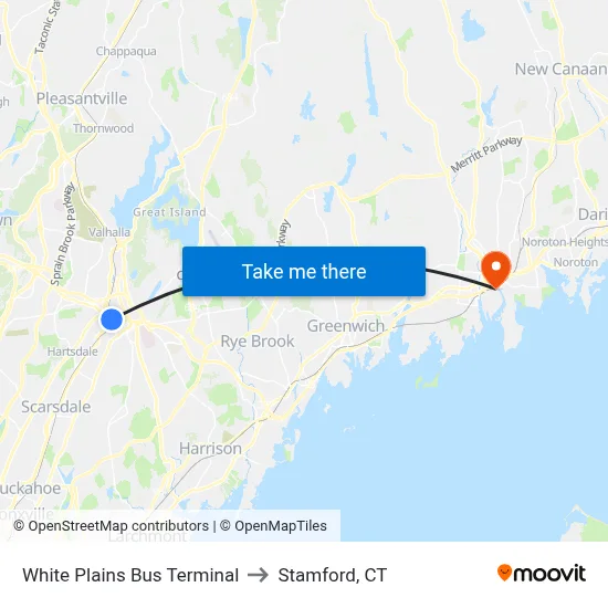 White Plains Bus Terminal to Stamford, CT map