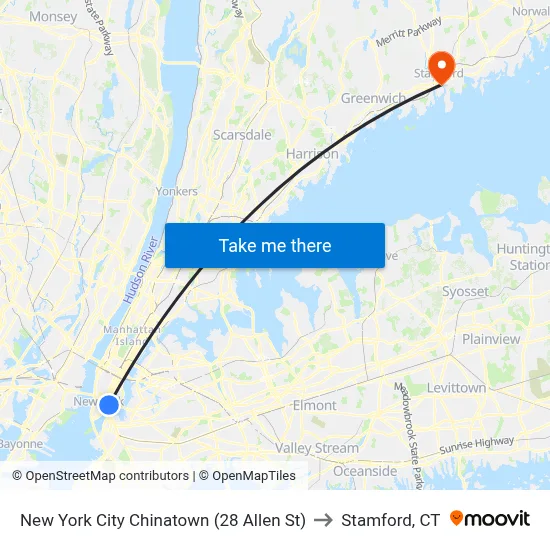 New York City Chinatown (28 Allen St) to Stamford, CT map