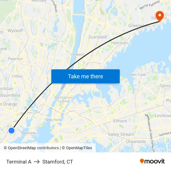 Terminal A to Stamford, CT map